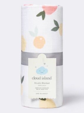 Muslin Swaddle Blanket Citrus-Cloud Island White/Orange Food Pattern 47”x47” NWT